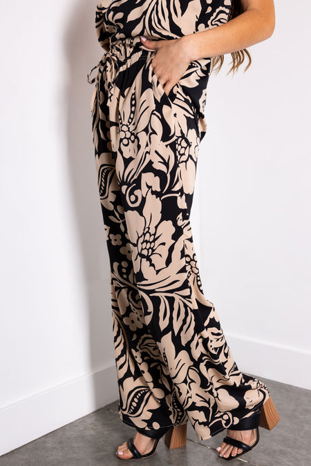 Black and Beige Floral Print Wide Leg Pants