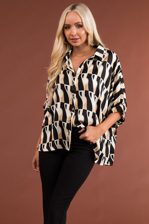 Black and Beige Printed Button Up Shirt