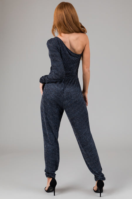 Black and Cobalt One Shoulder Sparkle Jumpsuit