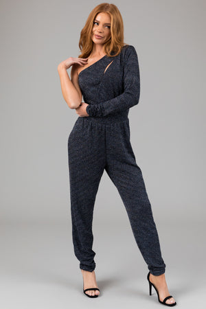 Black and Cobalt One Shoulder Sparkle Jumpsuit