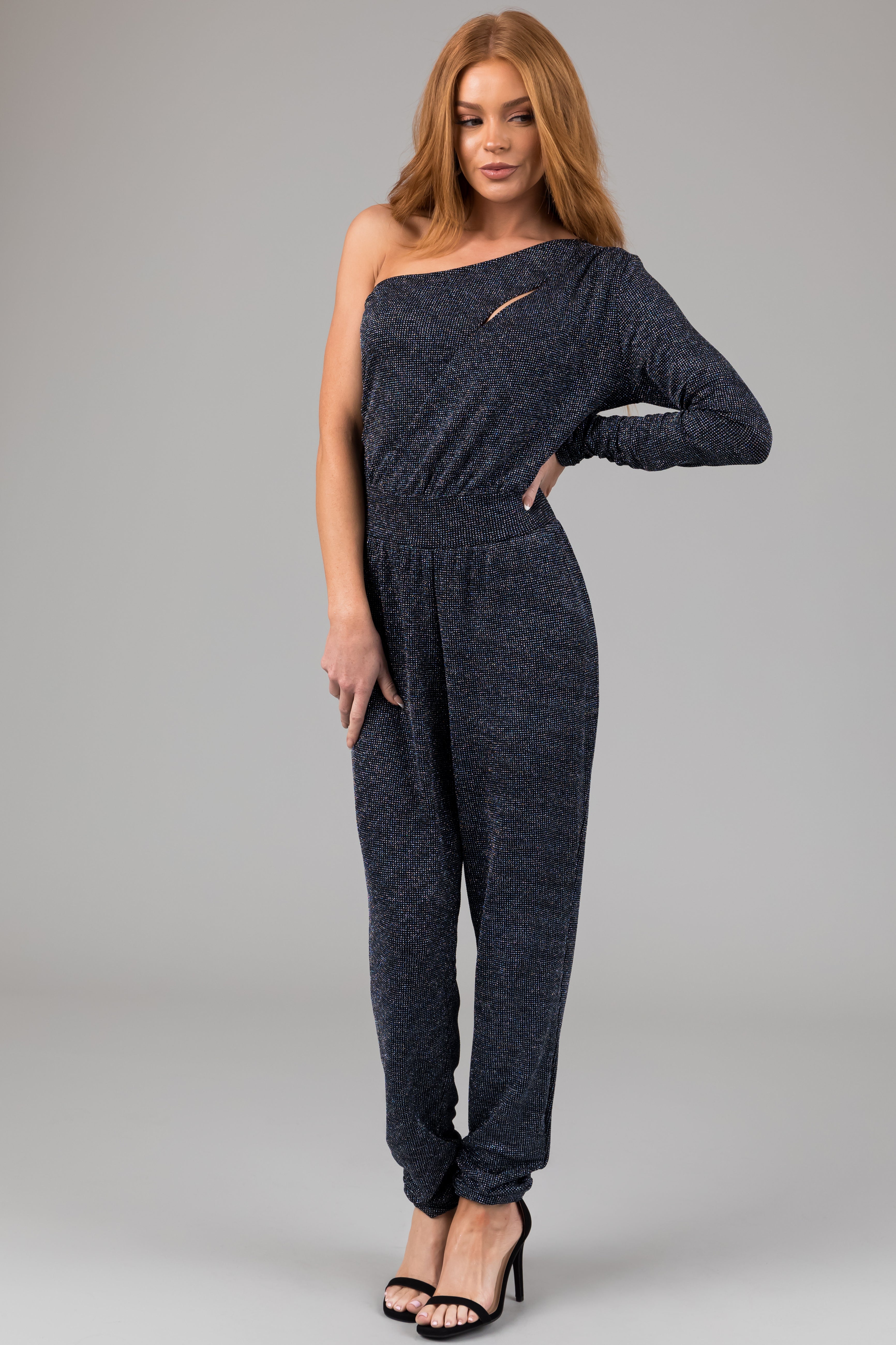 Black and Cobalt One Shoulder Sparkle Jumpsuit