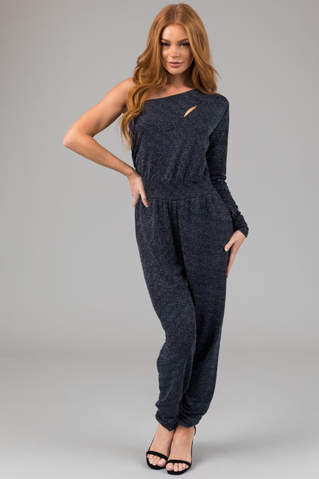 Black and Cobalt One Shoulder Sparkle Jumpsuit