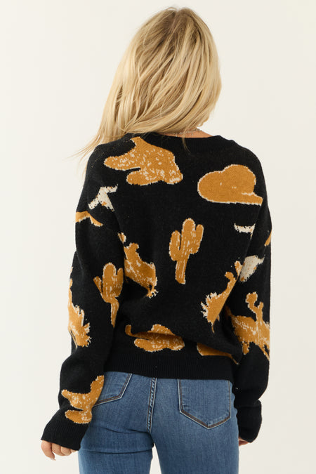 Black and Copper Western Print Knit Sweater