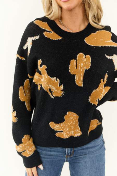 Black and Copper Western Print Knit Sweater