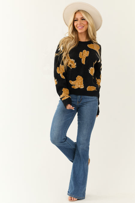 Black and Copper Western Print Knit Sweater