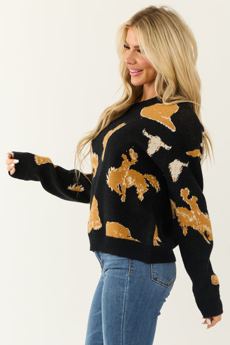 Black and Copper Western Print Knit Sweater