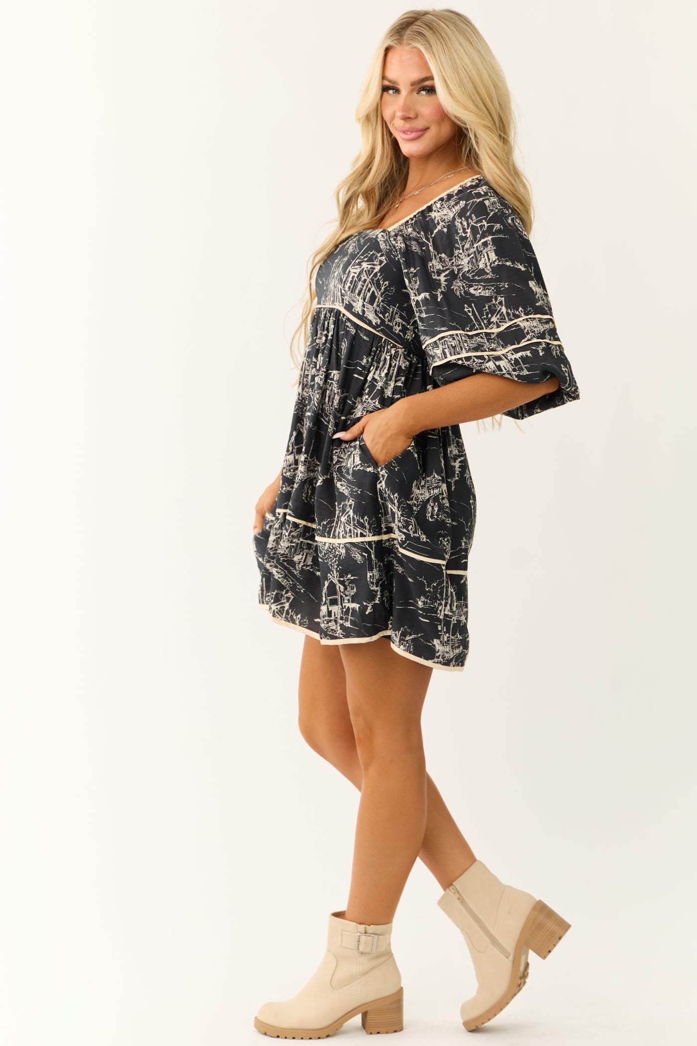 Black and Cream 3/4 Sleeve Babydoll Short Dress