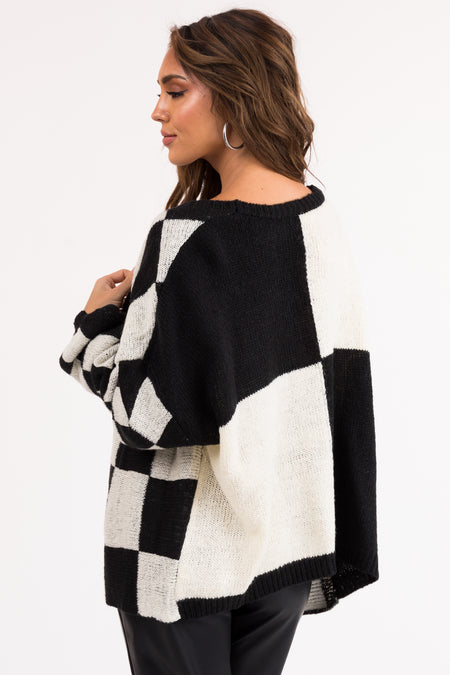 Black and Cream Checkered Open Front Cardigan