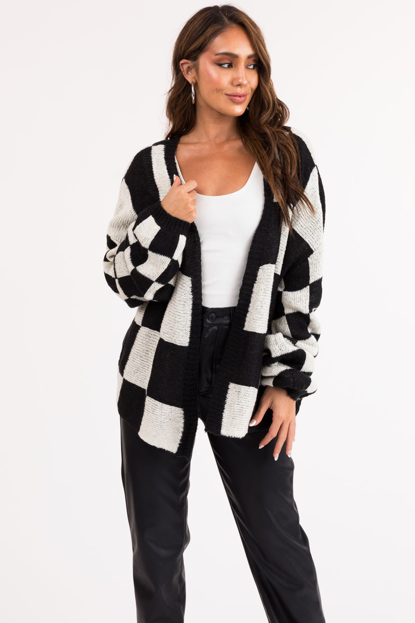 Black and Cream Checkered Open Front Cardigan