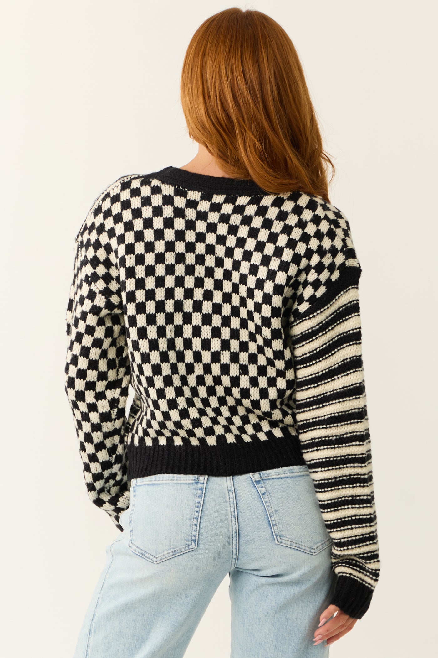 Black and Cream Checkered and Stripe Print Cardigan