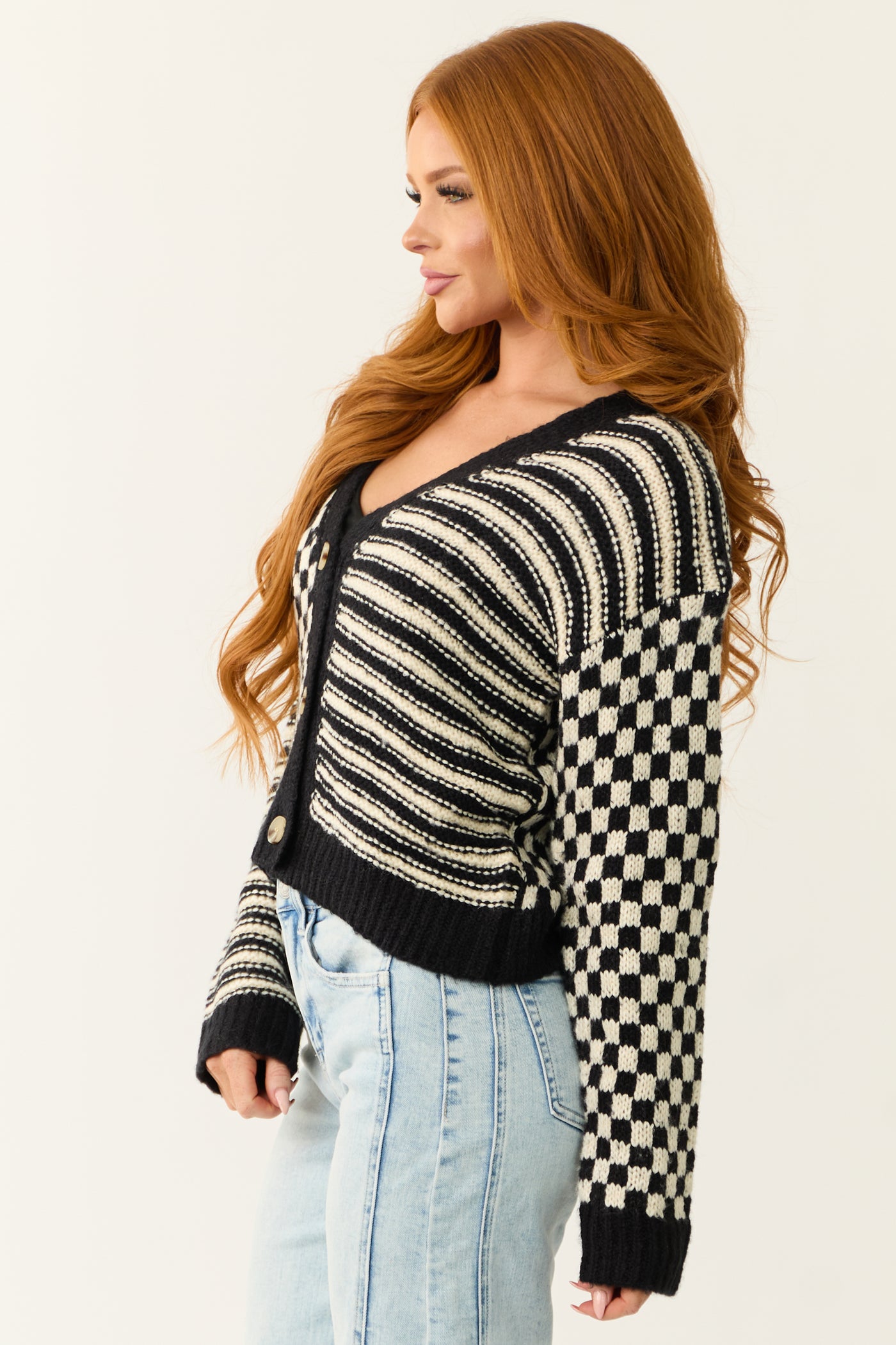 Black and Cream Checkered and Stripe Print Cardigan