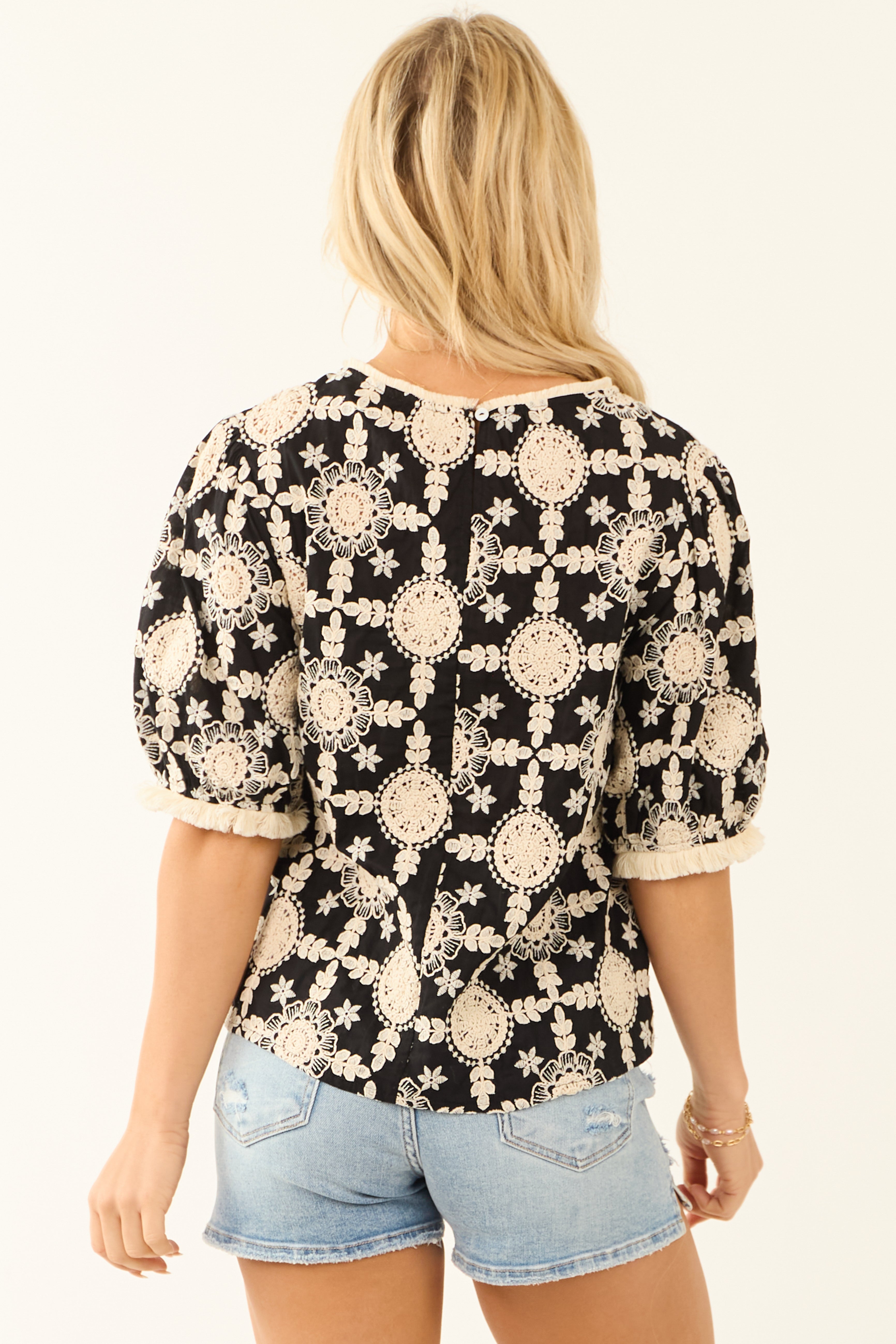 Black and Cream Embroidered Half Sleeve Top