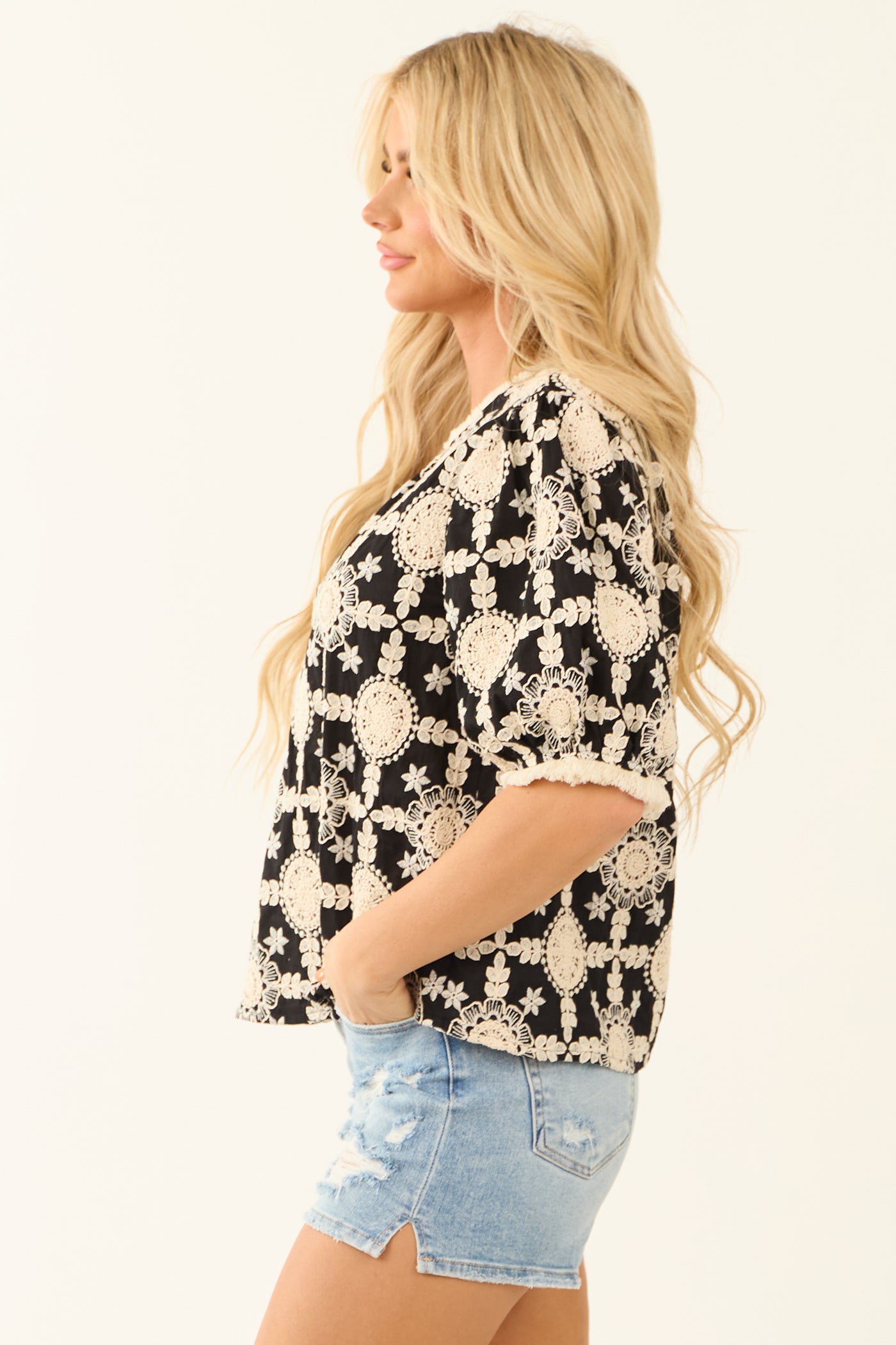 Black and Cream Embroidered Half Sleeve Top