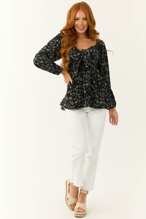 Black and Cream Floral Front Tie Smocked Top