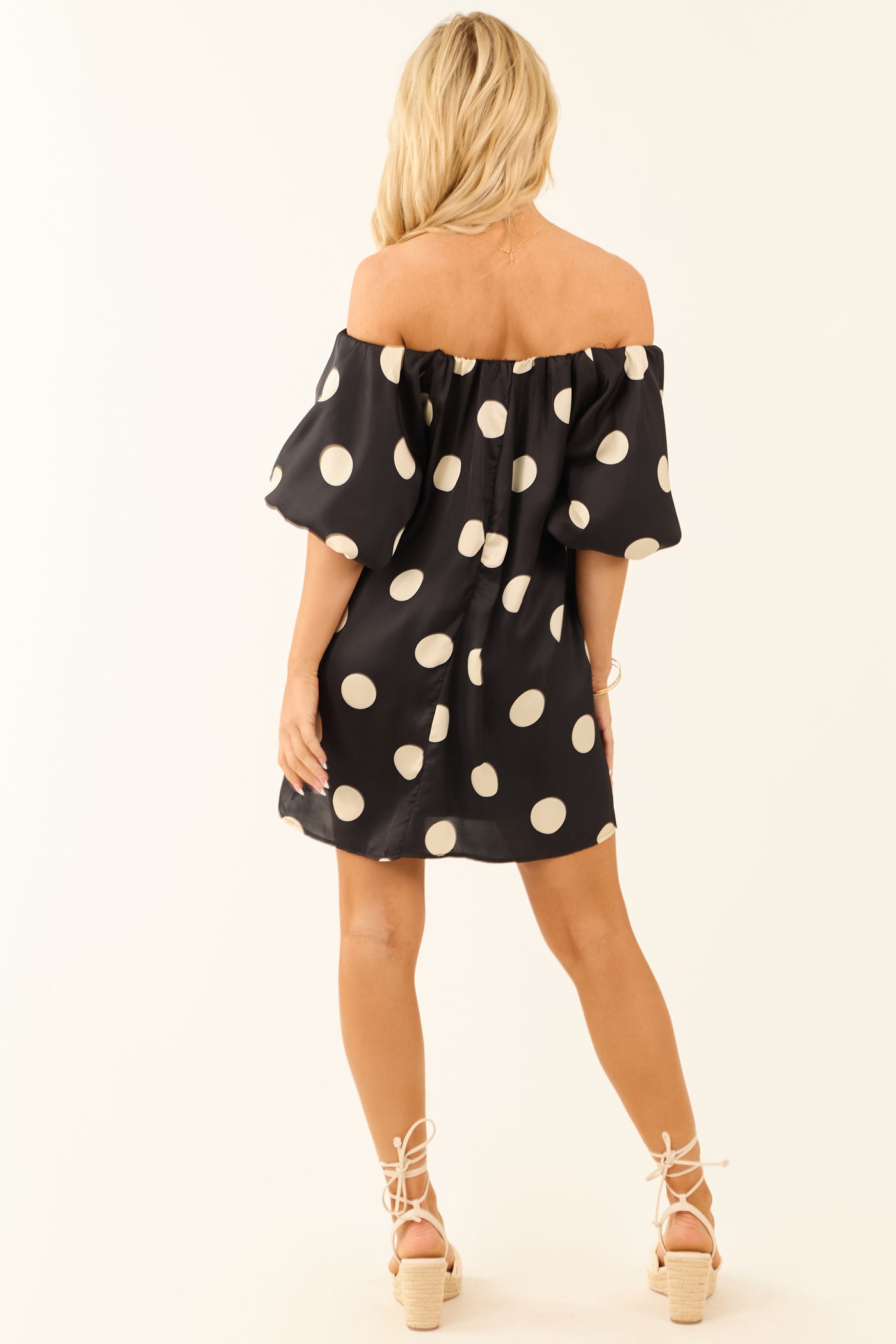 Black and Cream Polka Dot Off Shoulder Mini Dress