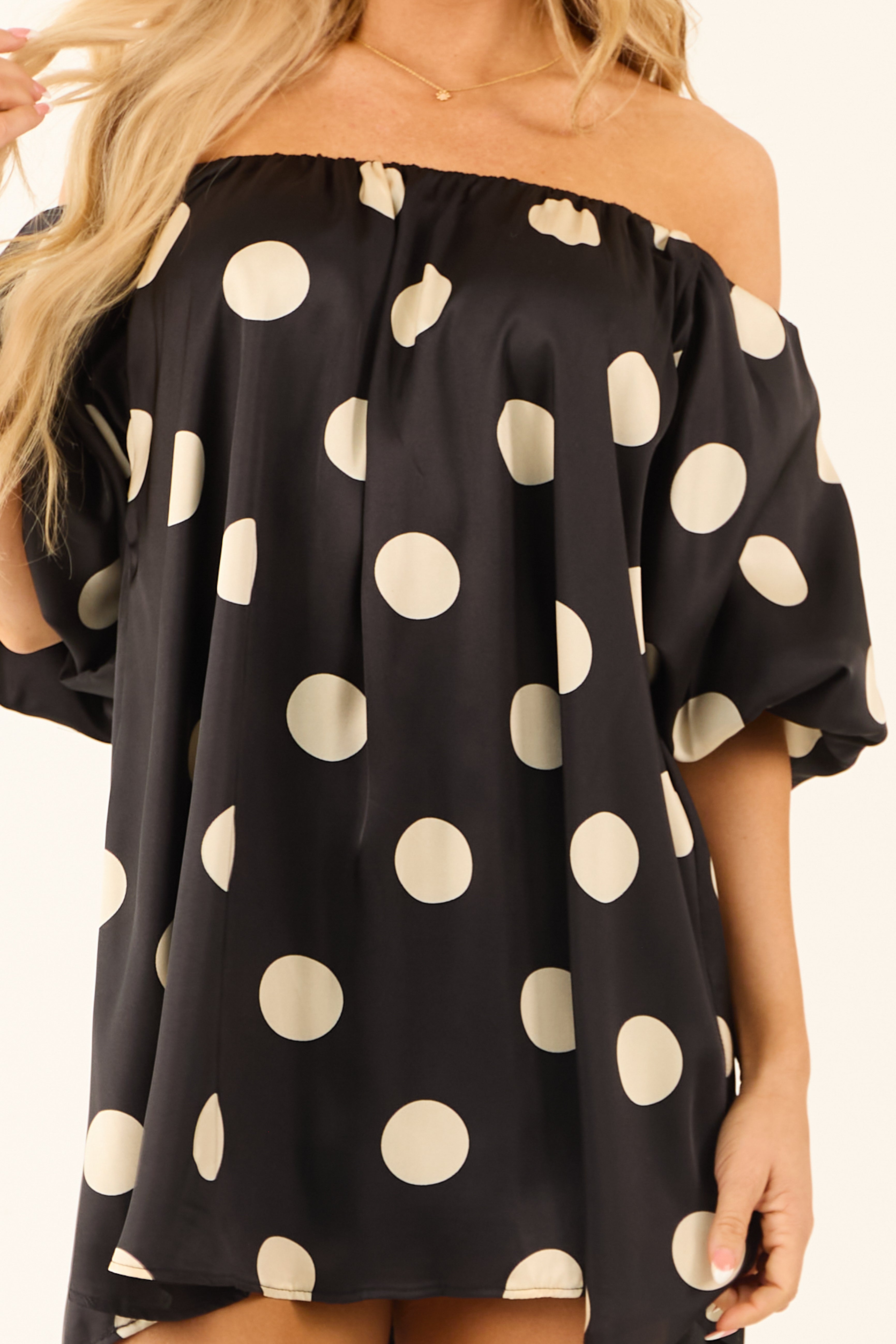 Black and Cream Polka Dot Off Shoulder Mini Dress