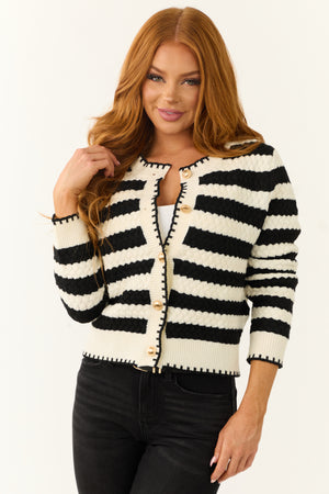 Black and Cream Striped Button Down Cardigan