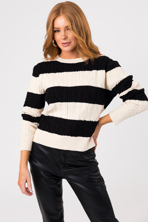 Black and Cream Striped Cable Knit Sweater