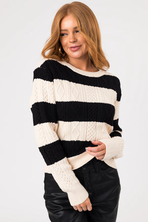 Black and Cream Striped Cable Knit Sweater