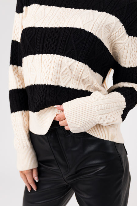 Black and Cream Striped Cable Knit Sweater