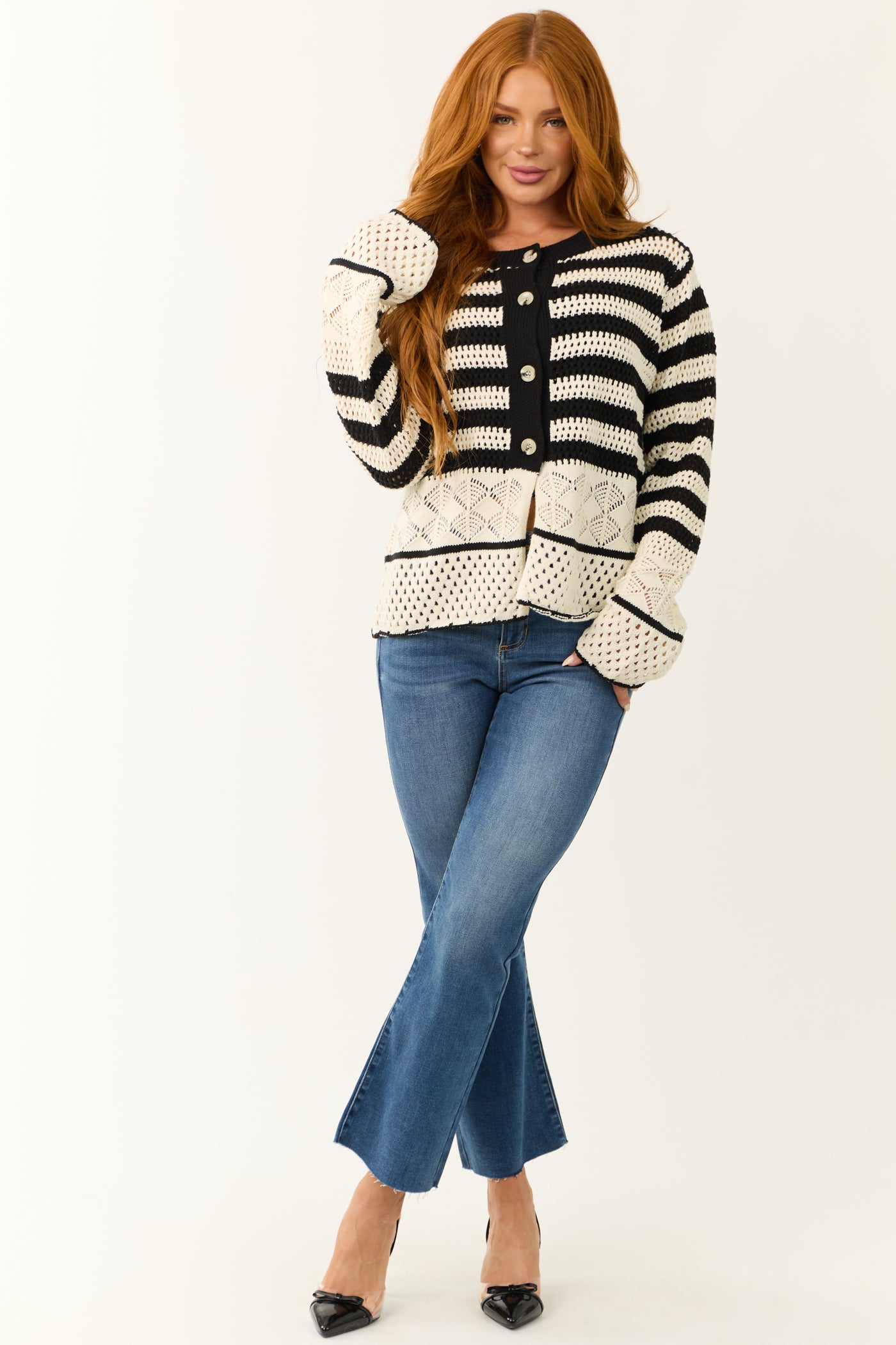 Black and Cream Striped Crochet Knit Cardigan