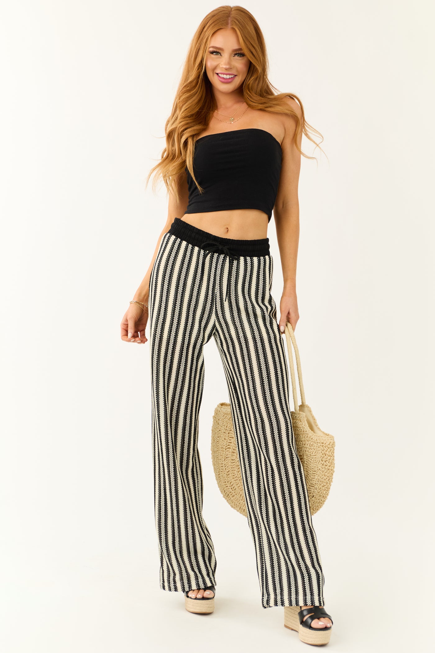 Black and Cream Striped Knit Wide Leg Pants