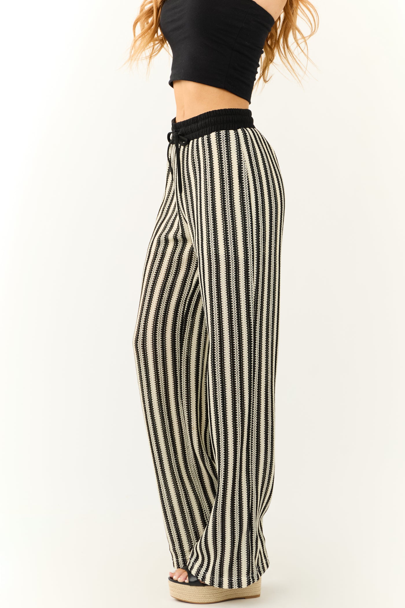 Black and Cream Striped Knit Wide Leg Pants