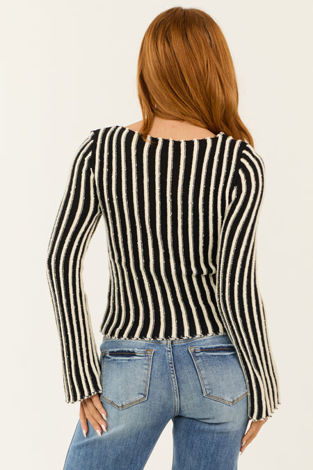 Black and Cream Striped Long Sleeve Knit Top