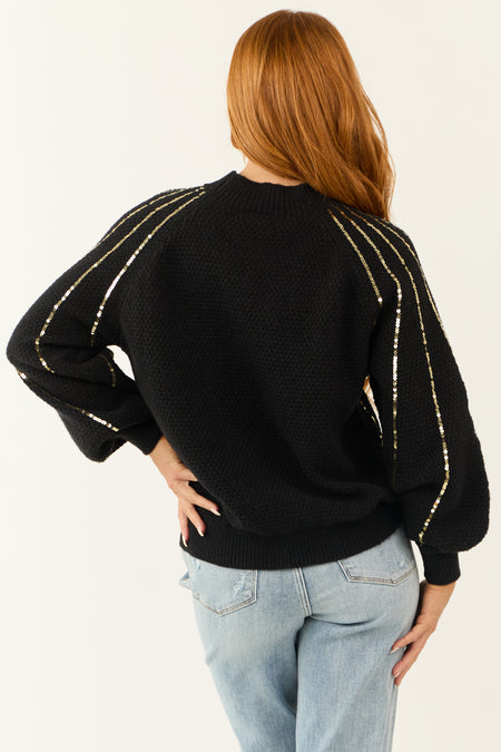 Black and Gold Accent Sequin Sunburst Knit Sweater