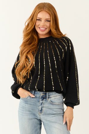 Black and Gold Accent Sequin Lines Knit Sweater