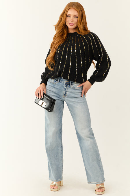 Black and Gold Accent Sequin Lines Knit Sweater