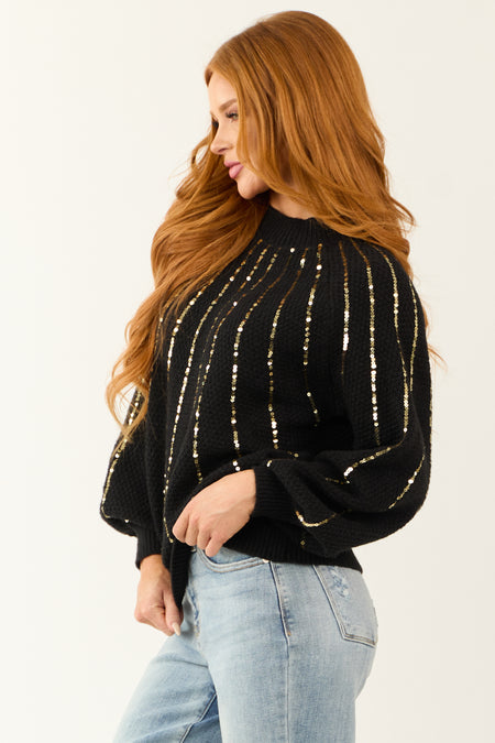 Black and Gold Accent Sequin Lines Knit Sweater