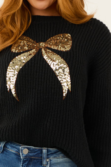 Black and Gold Sequin Bow Graphic Knit Sweater