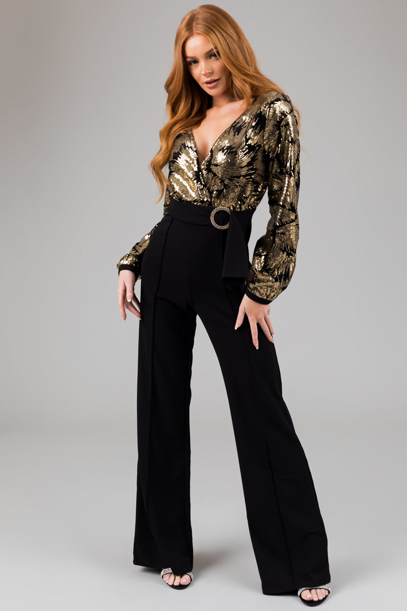 Black and Gold Sequin Long Sleeve Jumpsuit