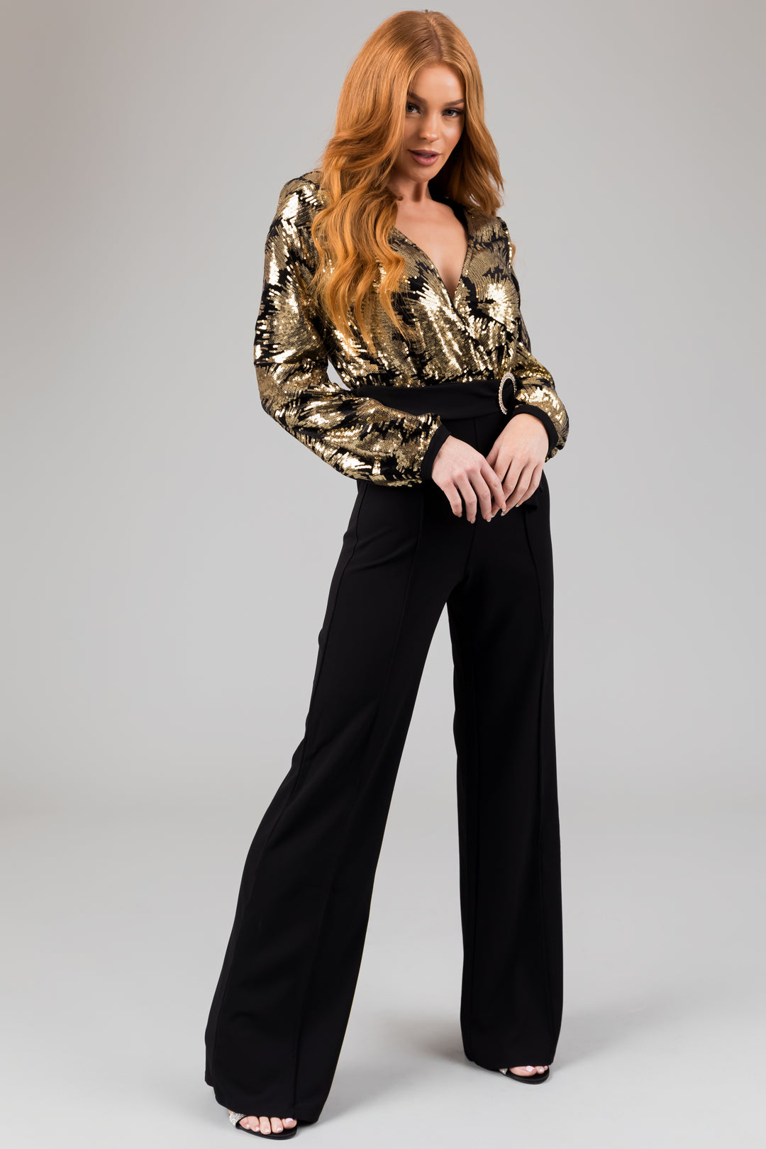 Style Pantry, Plunging Neck Bodysuit + Sequin High Waist Pants - gold and  black sequin stripe pants
