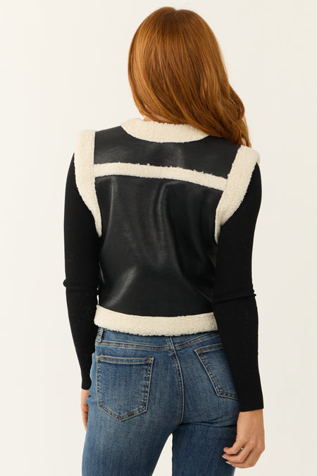 Black and Ivory Faux Leather and Sherpa Vest