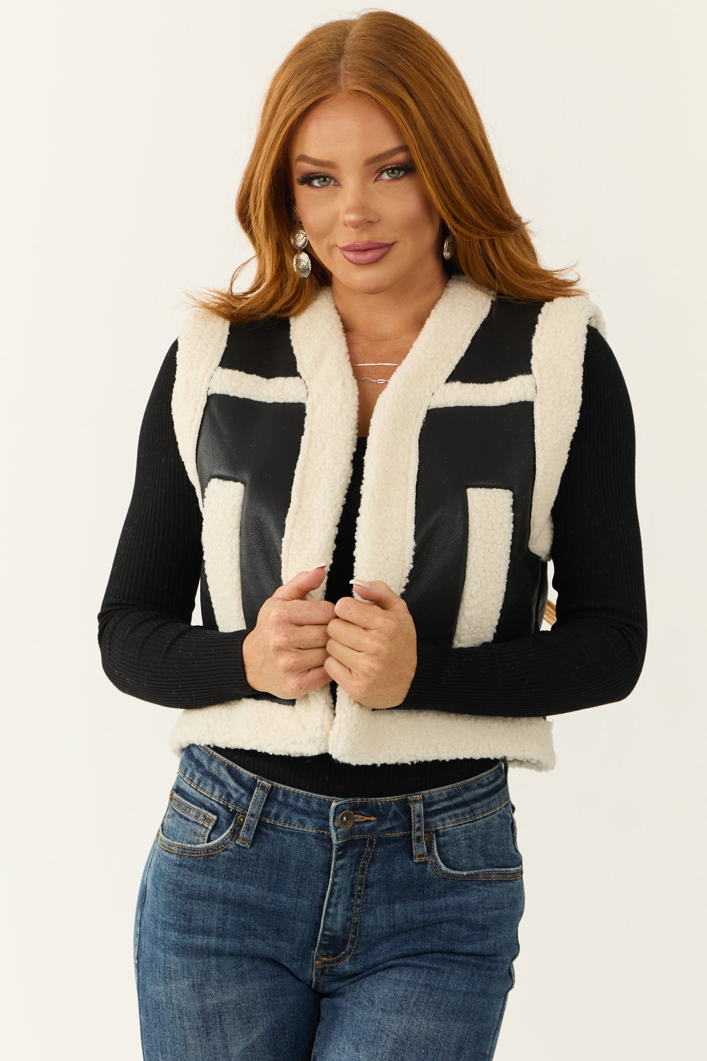 Black and Ivory Faux Leather and Sherpa Vest