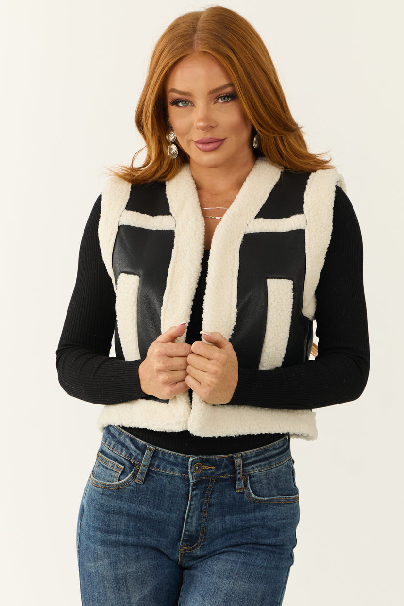 Black and Ivory Faux Leather and Sherpa Vest