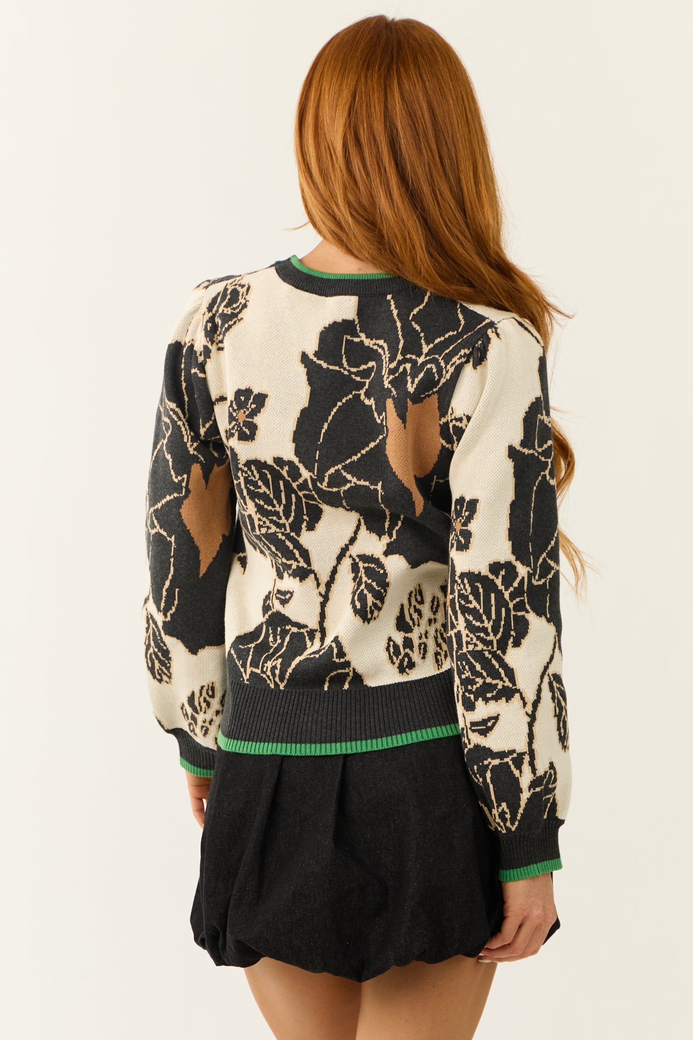 Black and Ivory Floral Print Knit Sweater