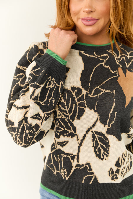 Black and Ivory Floral Print Knit Sweater