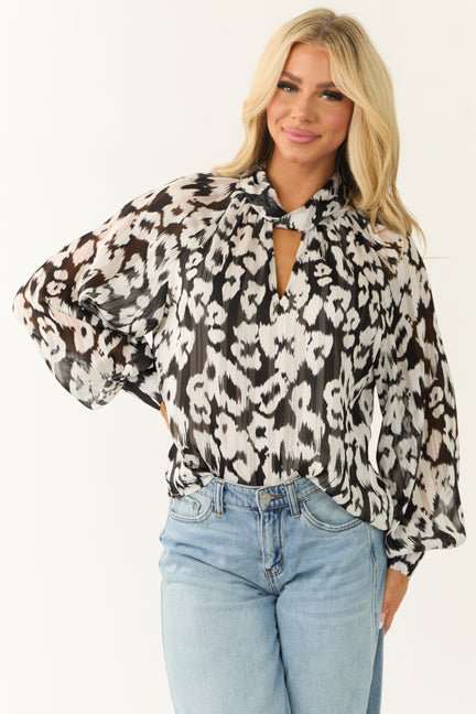 Black and Ivory Leopard Print Knot Collar Top