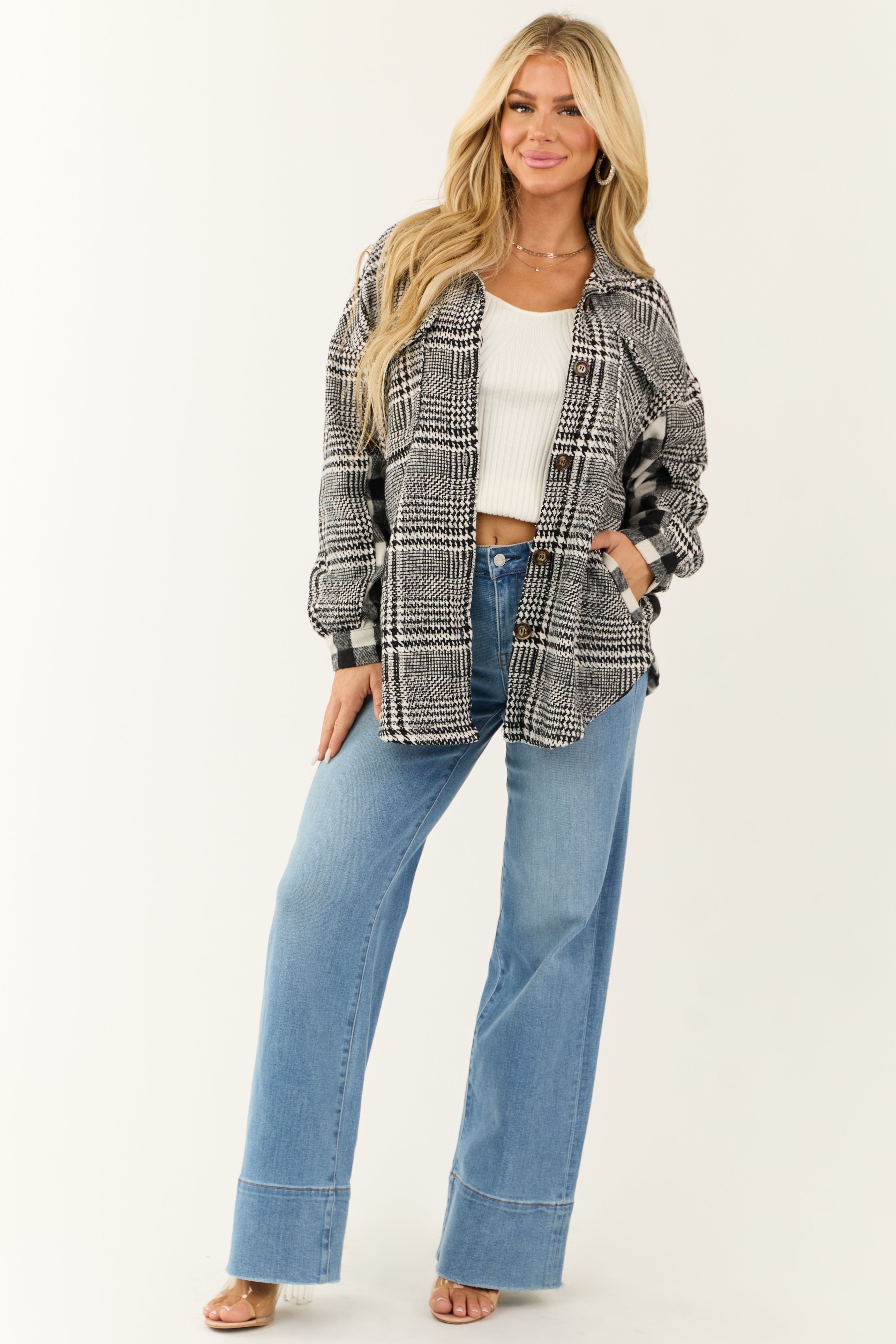 Black and Ivory Mixed Plaid and Gingham Shacket