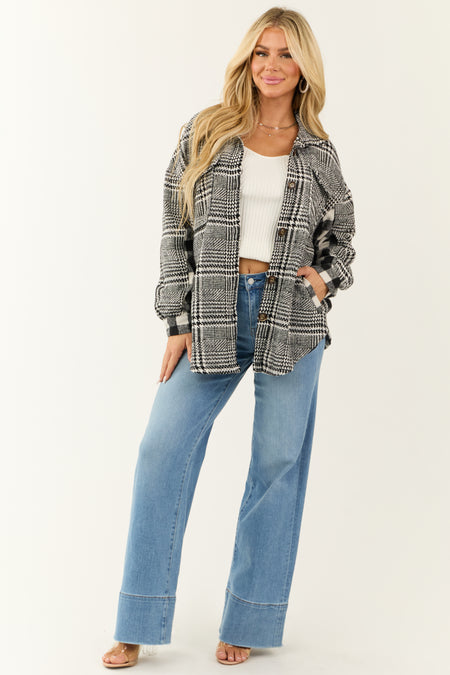 Black and Ivory Mixed Plaid and Gingham Shacket