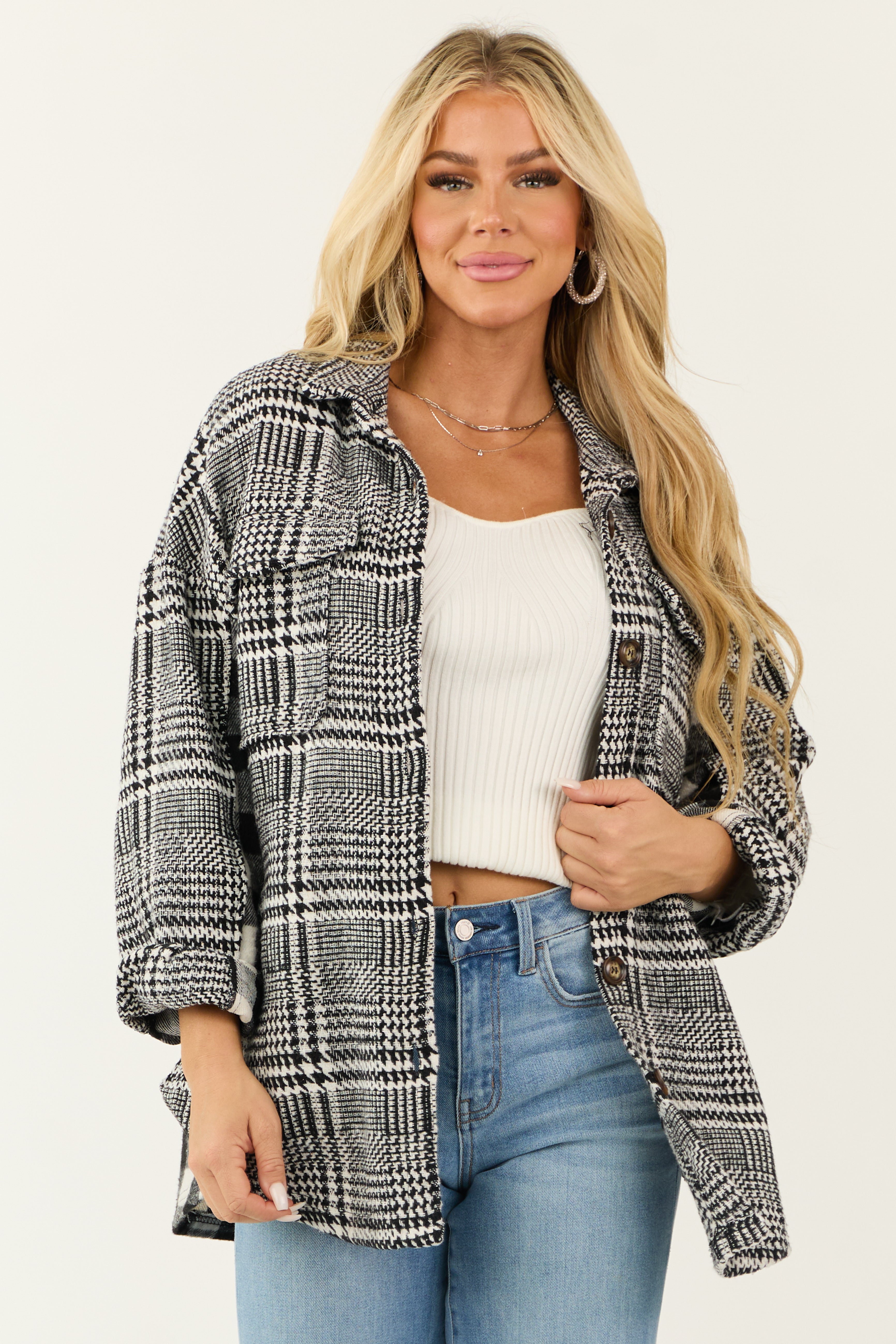 Black and Ivory Mixed Plaid and Gingham Shacket