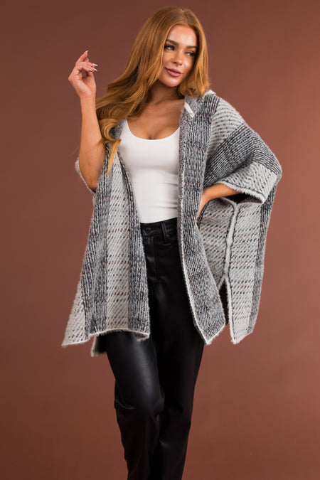 Black and Ivory Open Front Hooded Poncho