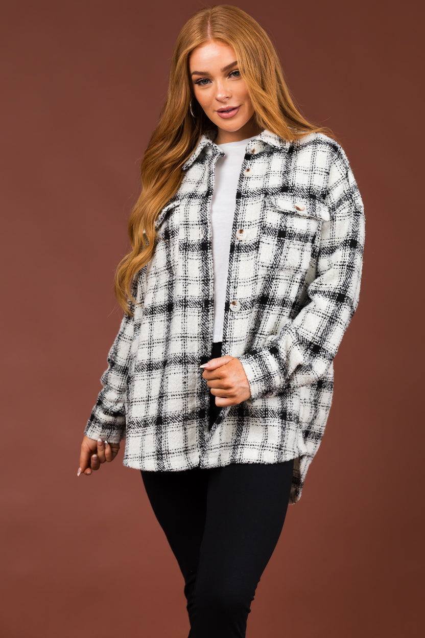 Black and Ivory Plaid Button Up Shacket