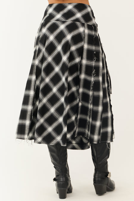 Black and Ivory Plaid Raw Hem Midi Skirt