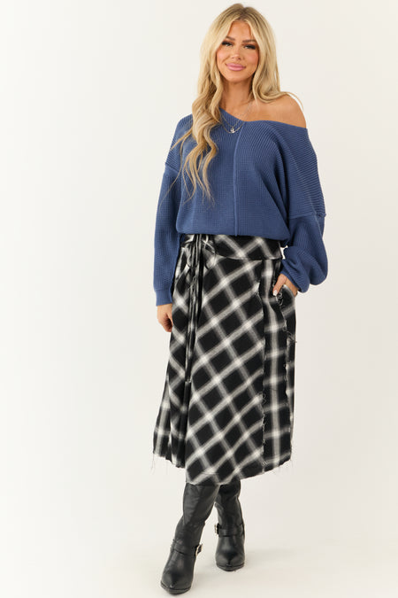 Black and Ivory Plaid Raw Hem Midi Skirt