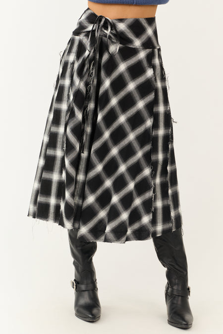 Black and Ivory Plaid Raw Hem Midi Skirt