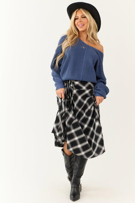 Black and Ivory Plaid Raw Hem Midi Skirt